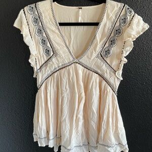 Free People Cream Embroidered Blouse